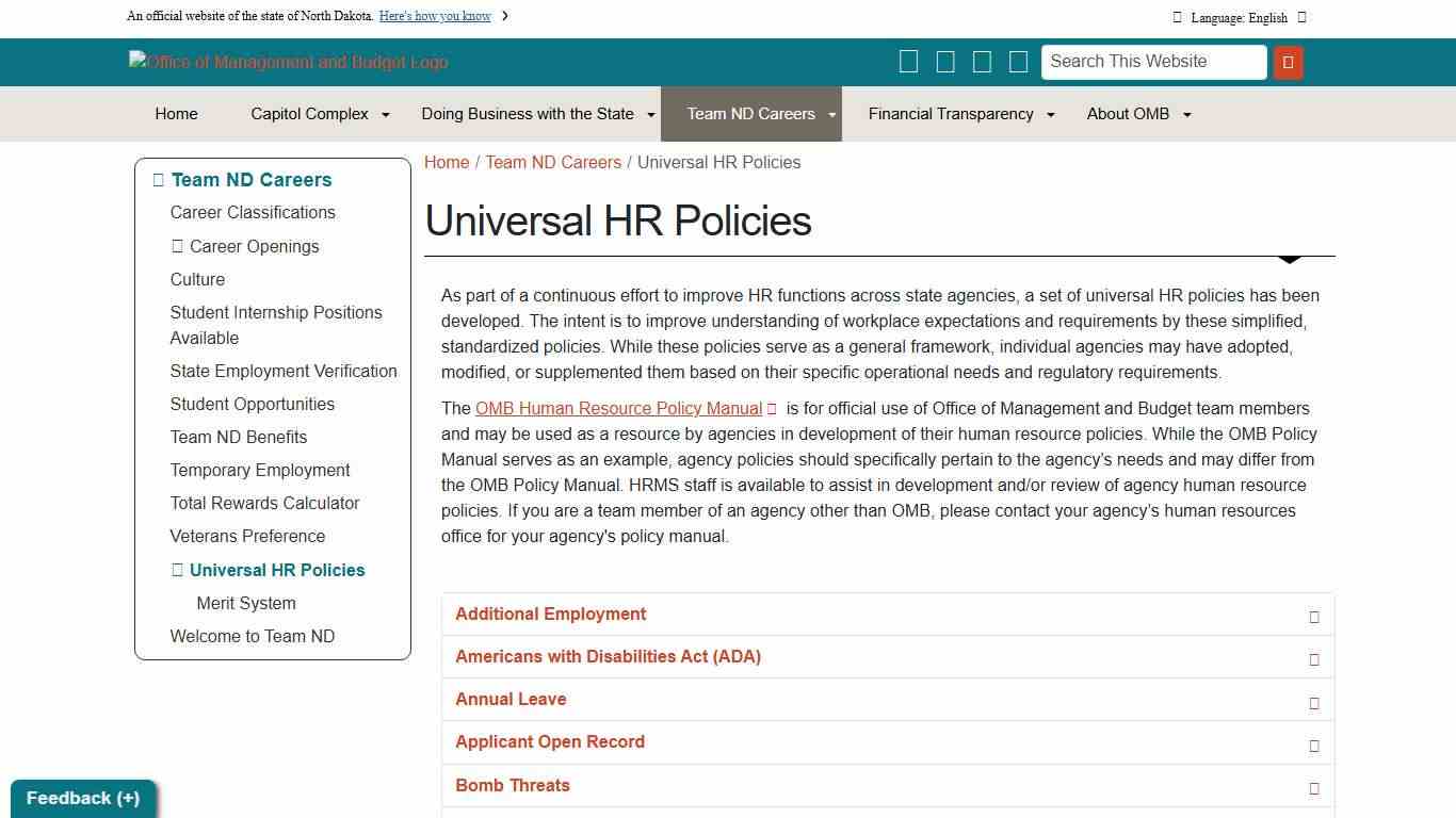 Universal HR Policies Office of Management and Budget North Dakota
