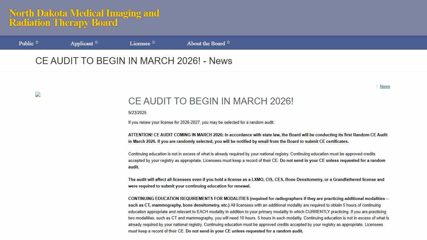CE AUDIT TO BEGIN IN MARCH 2026! - News - ND Medical Imaging & Radiation Therapy Board