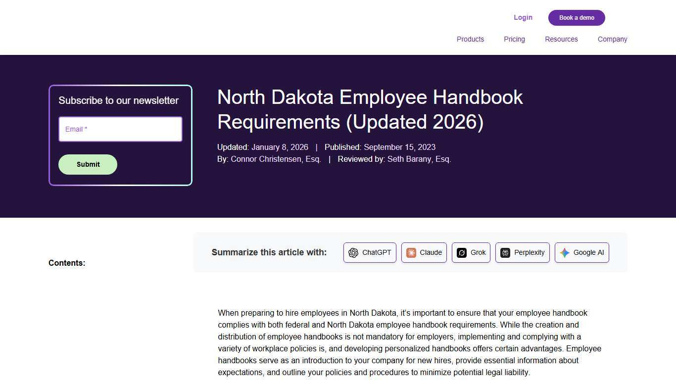 North Dakota Employee Handbook Requirements (Updated 2026)