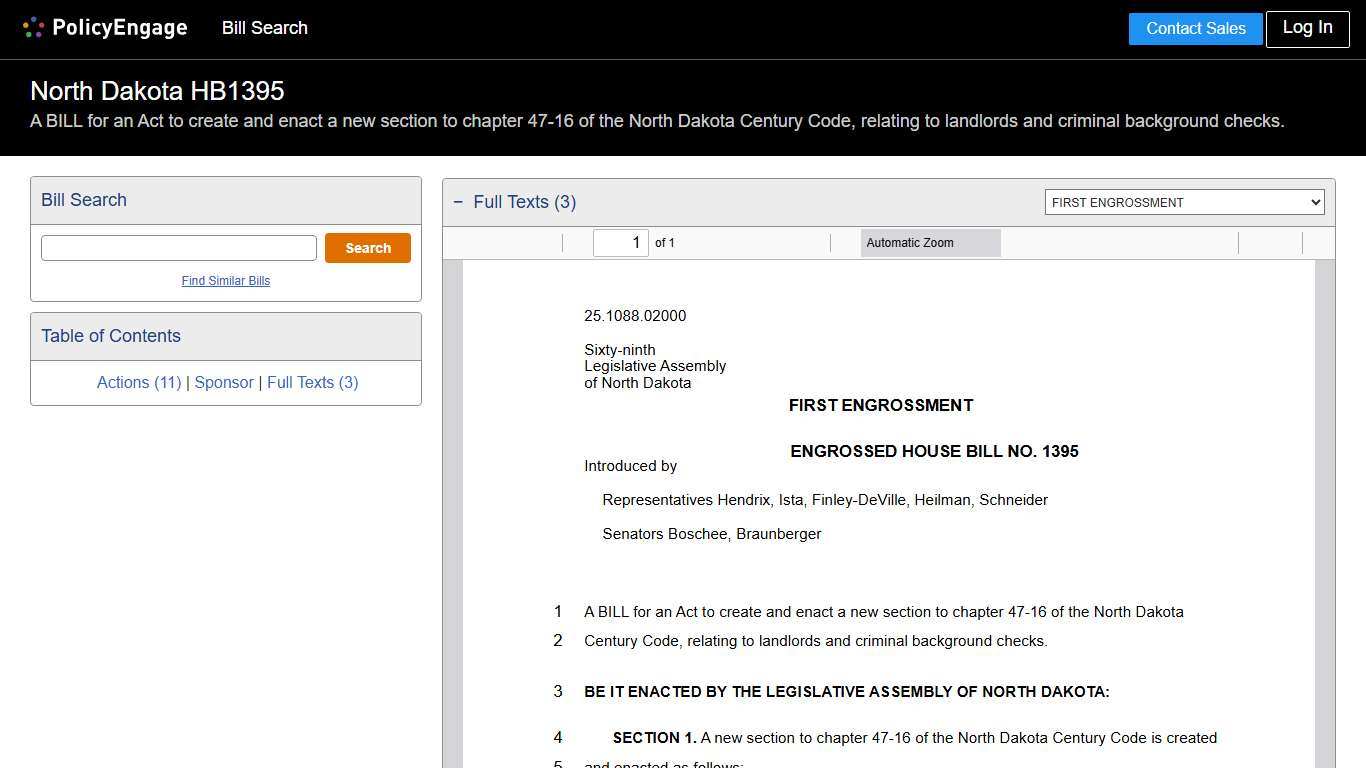 HB1395 North Dakota 2025-2026 A BILL for an Act to create and enact a new section to chapter 47-16 of the North Dakota Century Code, relating to landlords and criminal background checks. - Legislative Tracking PolicyEngage
